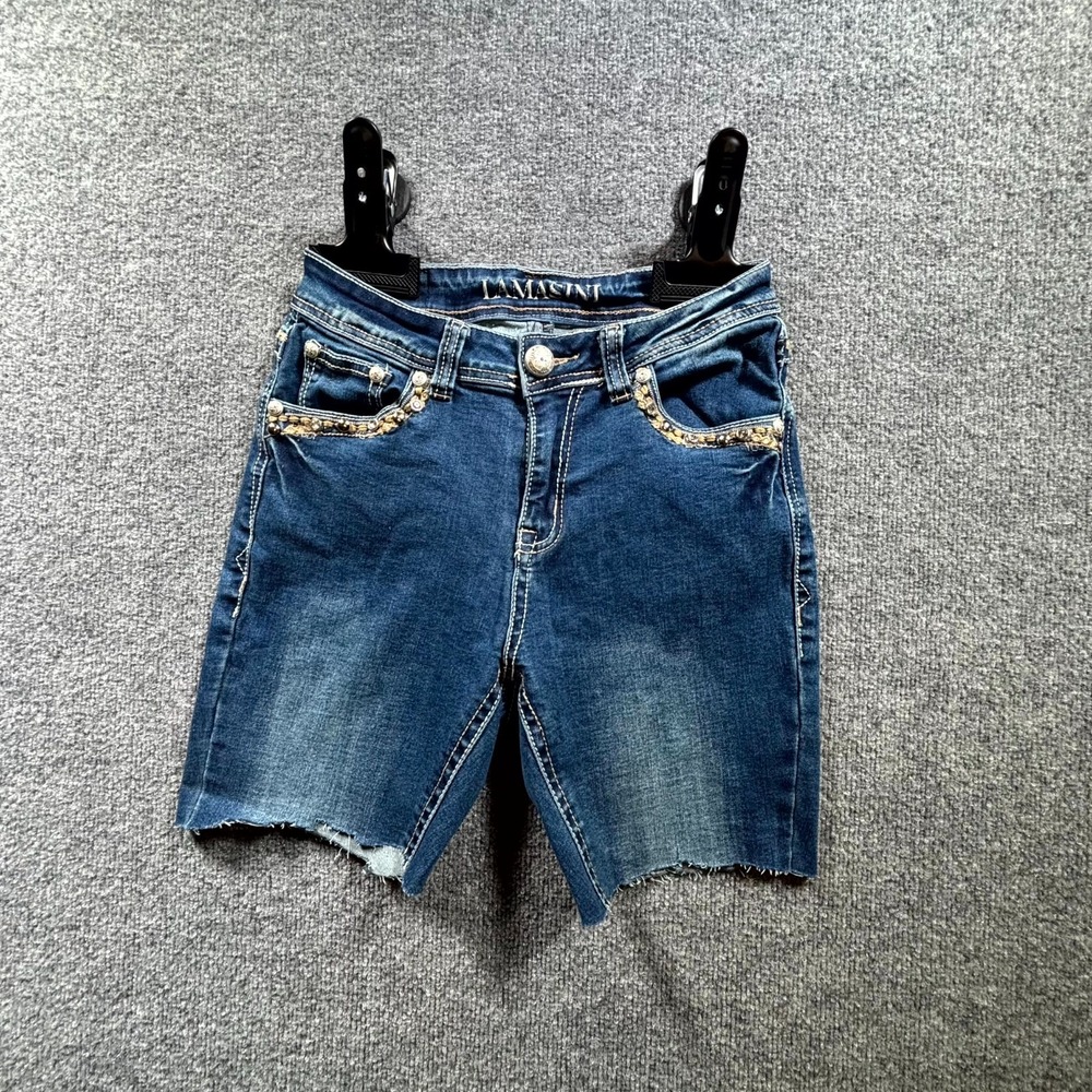 Lamasini Denim Shorts Women 3 Blue Stretch Embellished Pockets Casual Raw Hem
